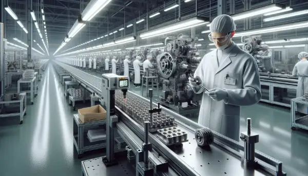 Profesional supervisando una línea de producción industrial para garantizar la calidad y reducir errores y retrabajos.