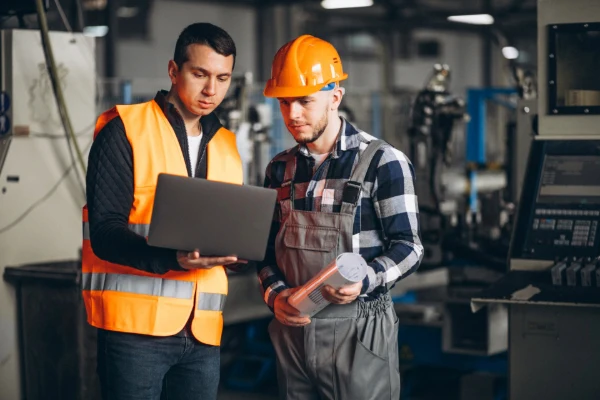 Consultores revisando maquinaria industrial para ofrecer soluciones personalizadas que optimicen los procesos.